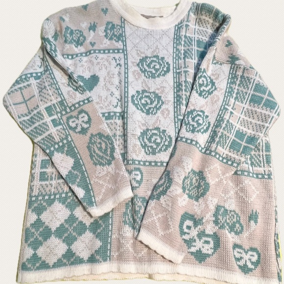 VINTAGE 80s pastel knit sweater heart argyle plaid bow floral rose cottagecore - Picture 1 of 13